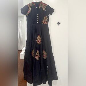 Embroidered Black Dress with Gold and Pink Accents